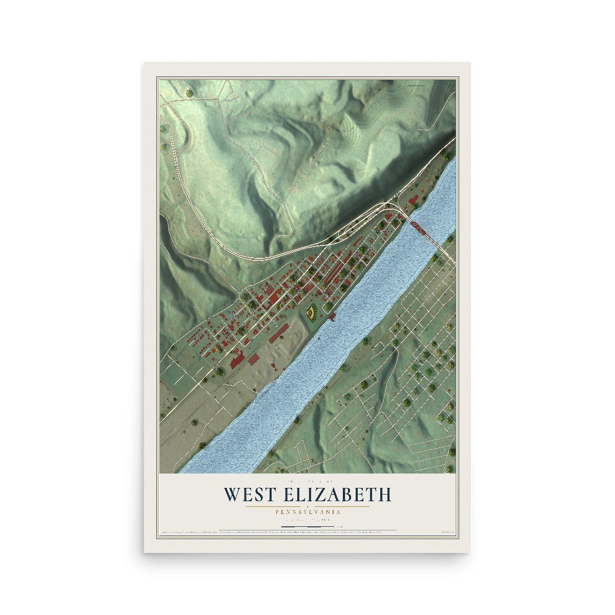 Map of West Elizabeth, Pennsylvania, 12 x 18 inch unframed archival matte print