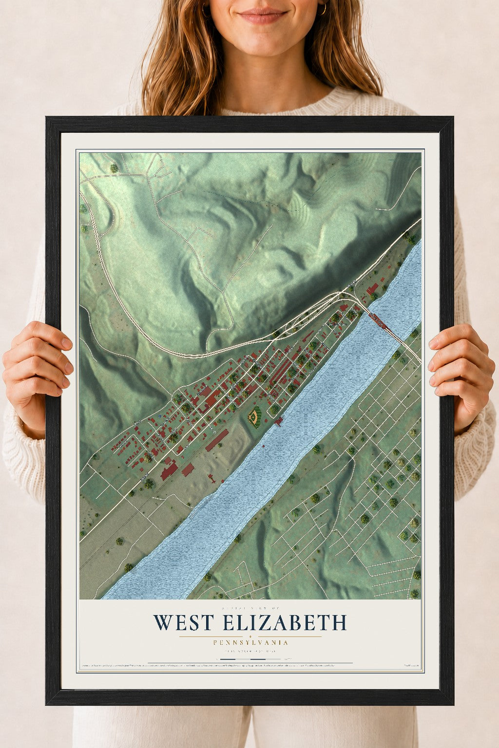 Map of West Elizabeth, Pennsylvania, 18 x 24 inch print in a black wood frame