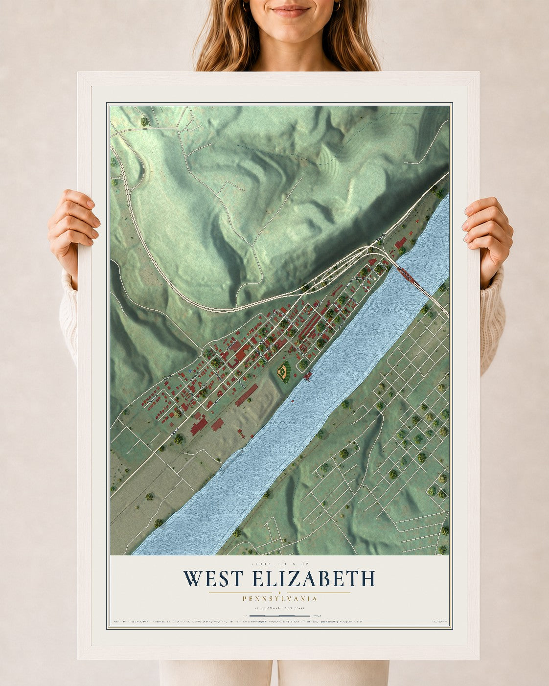 Map of West Elizabeth, Pennsylvania, 24 x 36 inch print in a white wood frame