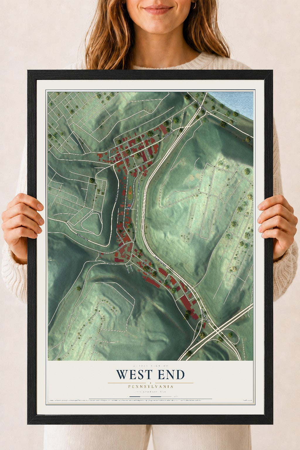 Map of West End, Pennsylvania, 18 x 24 inch print in a black wood frame