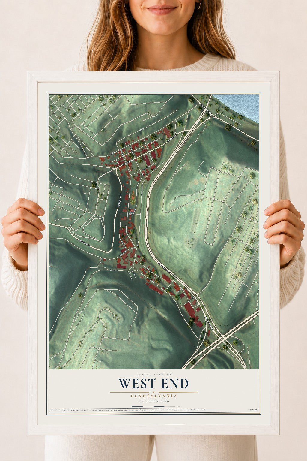 Map of West End, Pennsylvania, 18 x 24 inch print in a white wood frame