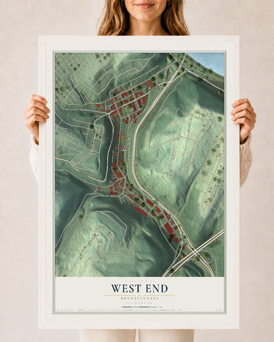 Map of West End, Pennsylvania, 24 x 36 inch print in a white wood frame
