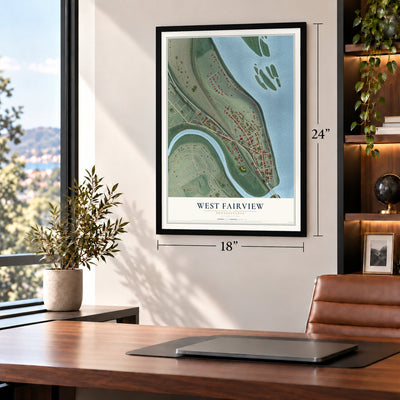 West Fairview, Pennsylvania map, 18 x 24 inch print in a black frame in a home office