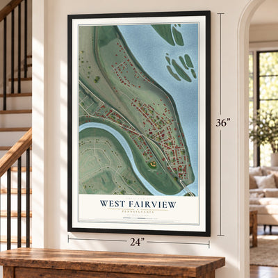 West Fairview, Pennsylvania map, 24 x 36 inch print in a black frame by a staircase