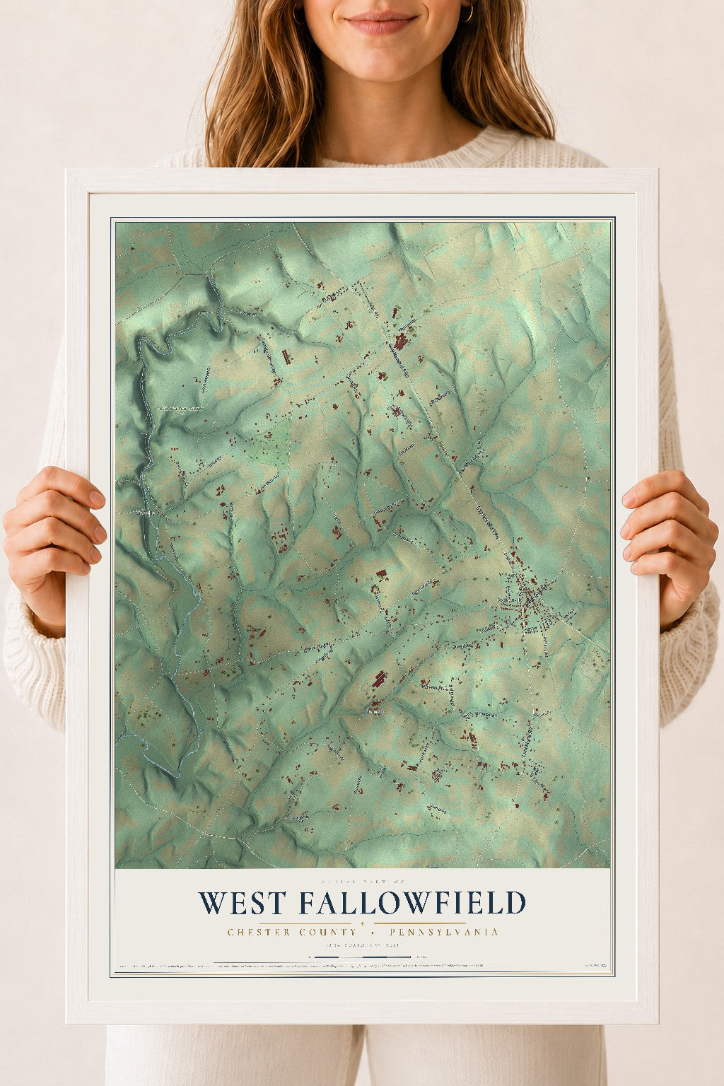 Map of West Fallowfield, Chester County, Pennsylvania, 18 x 24 inch print in a white wood frame