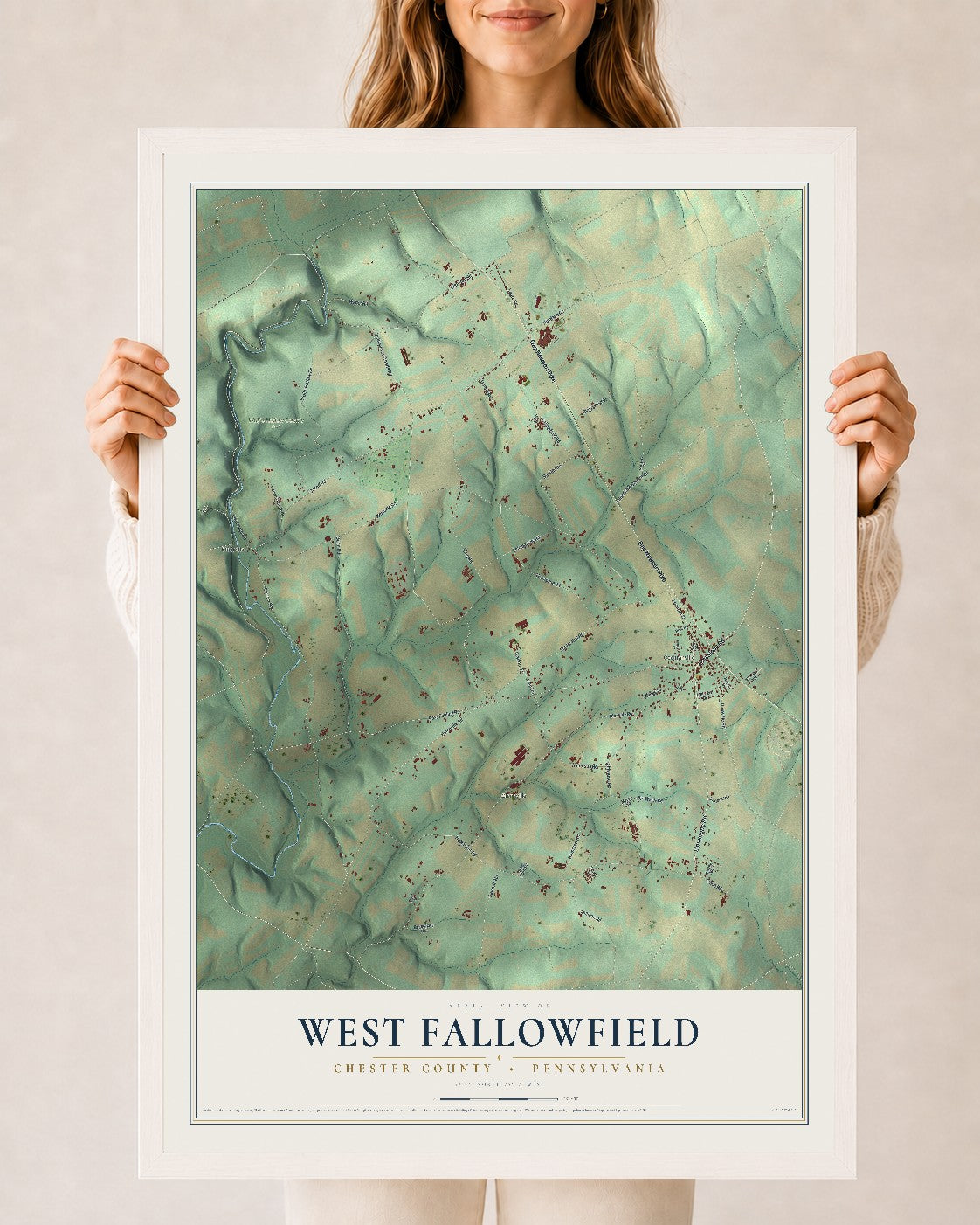 Map of West Fallowfield, Chester County, Pennsylvania, 24 x 36 inch print in a white wood frame