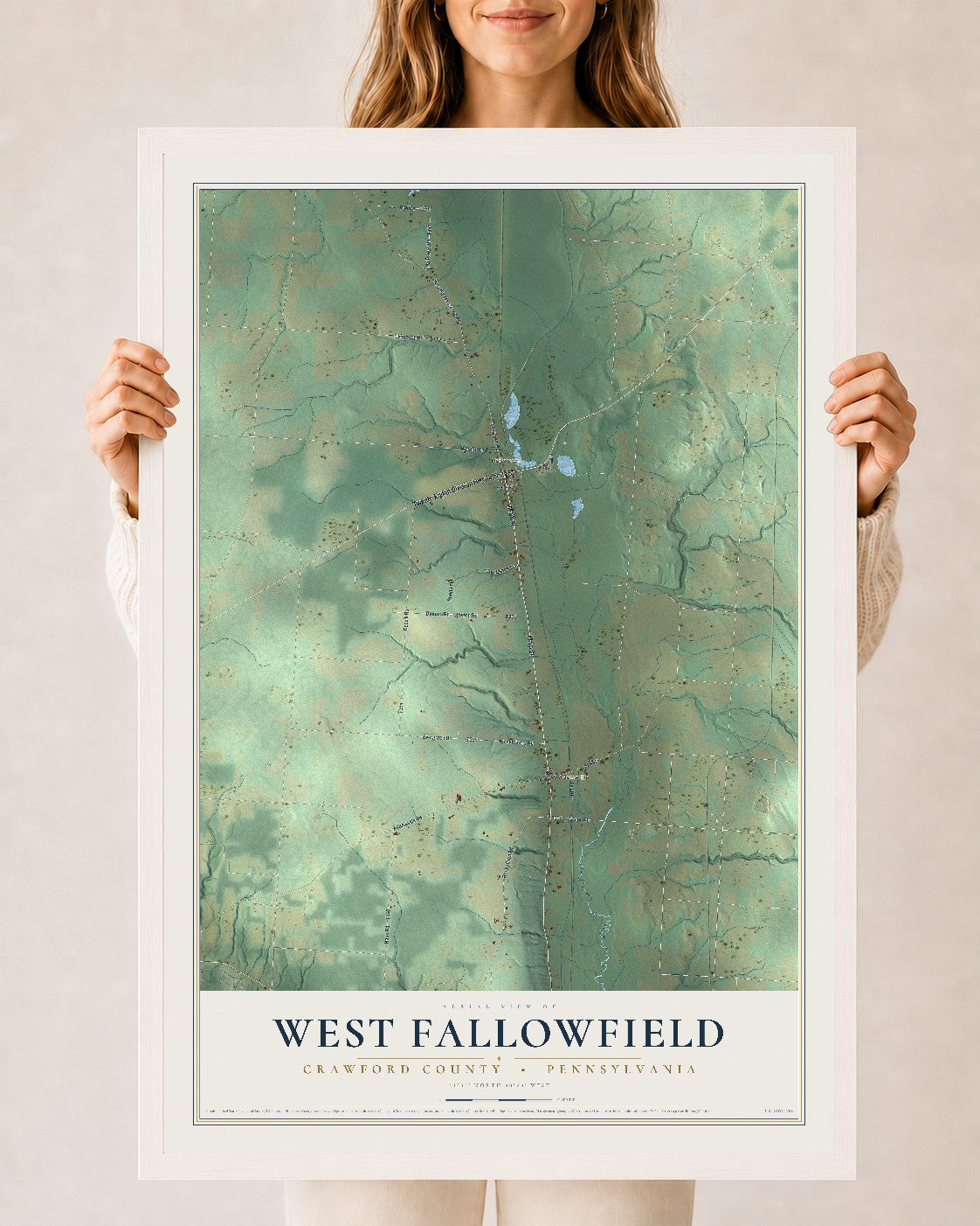 Map of West Fallowfield, Crawford County, Pennsylvania, 24 x 36 inch print in a white wood frame