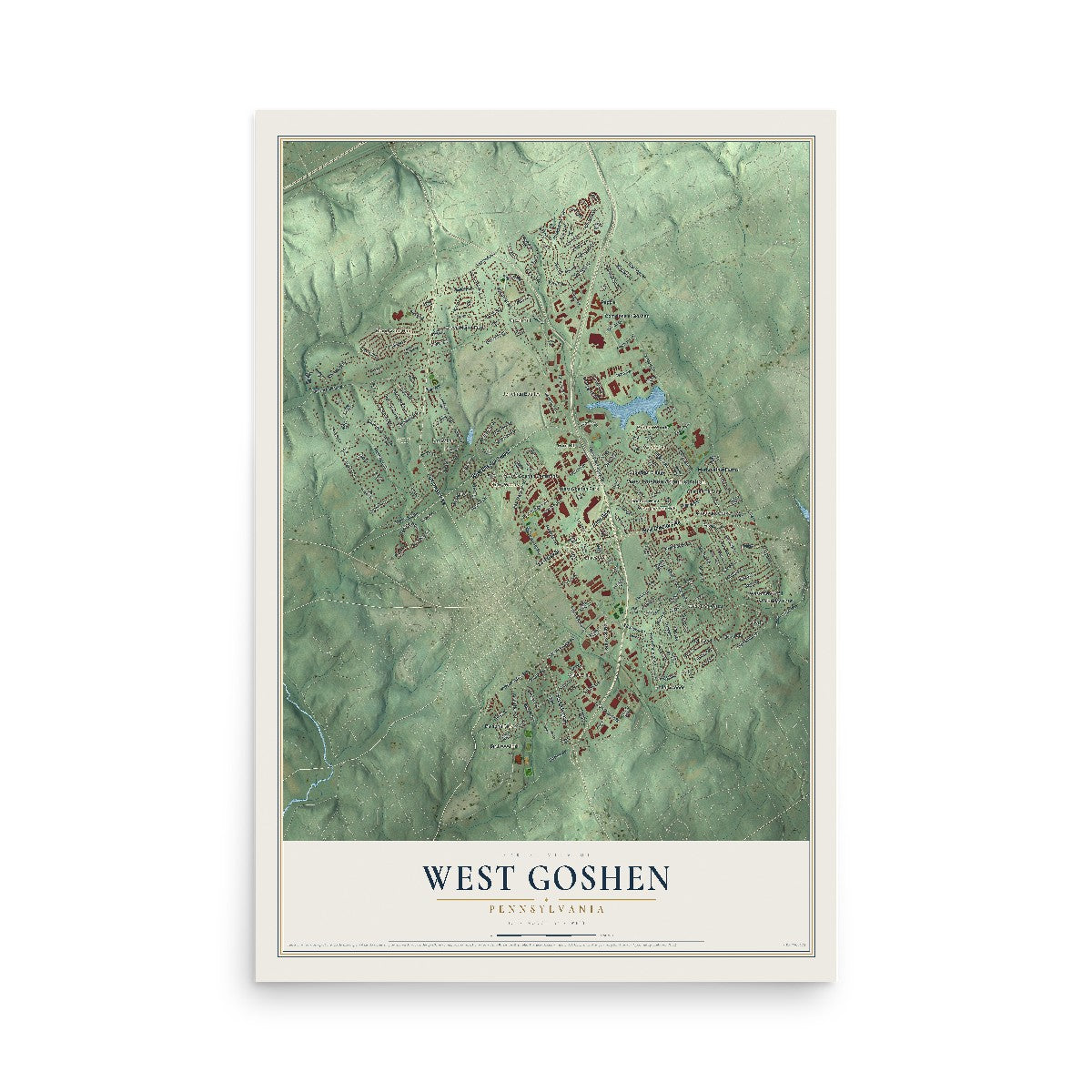 Map of West Goshen, Pennsylvania, 12 x 18 inch unframed archival matte print