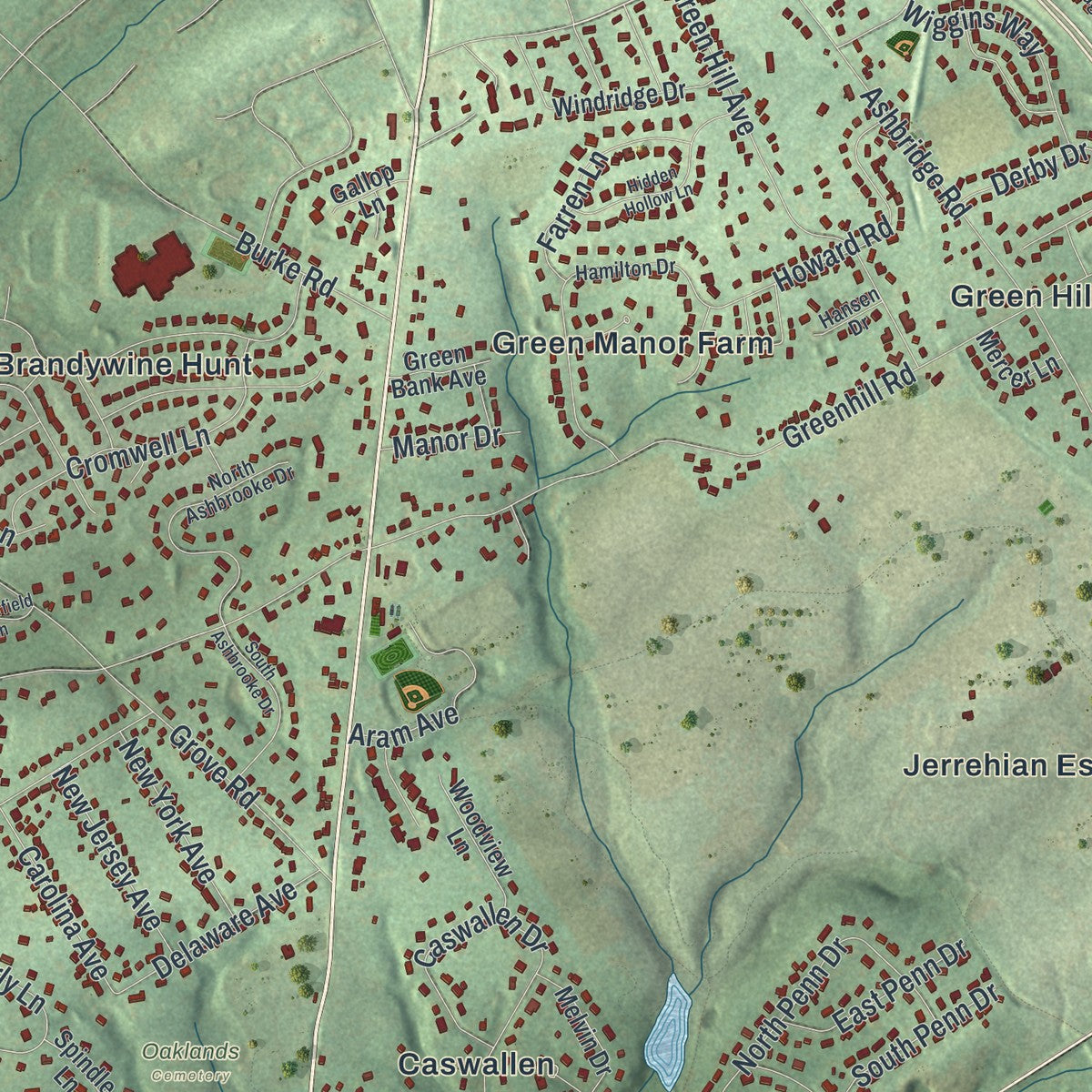 Second close-up of the map of West Goshen, Pennsylvania print showing more streets and buildings