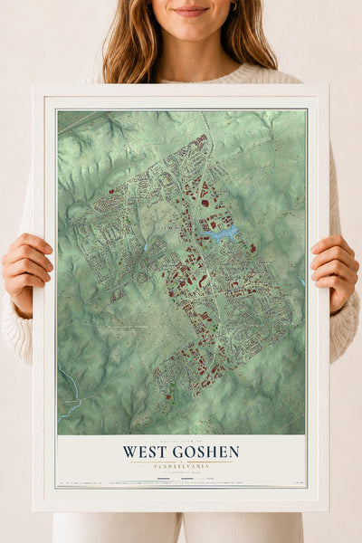 Map of West Goshen, Pennsylvania, 18 x 24 inch print in a white wood frame