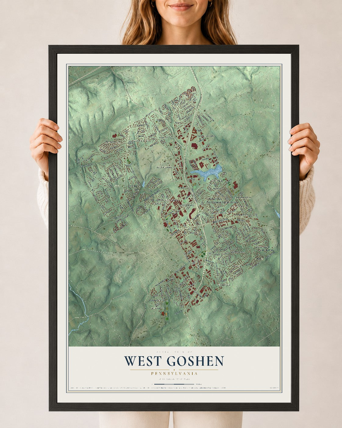 Map of West Goshen, Pennsylvania, 24 x 36 inch print in a black wood frame