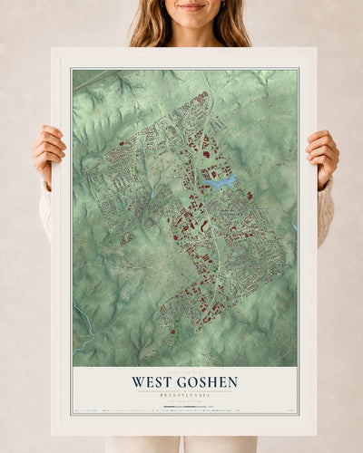 Map of West Goshen, Pennsylvania, 24 x 36 inch print in a white wood frame