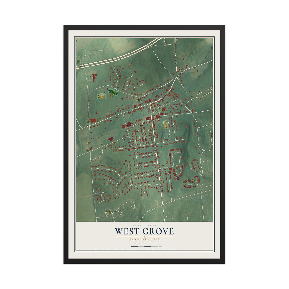 Map of West Grove, Pennsylvania, 12 x 18 inch print in a black wood frame