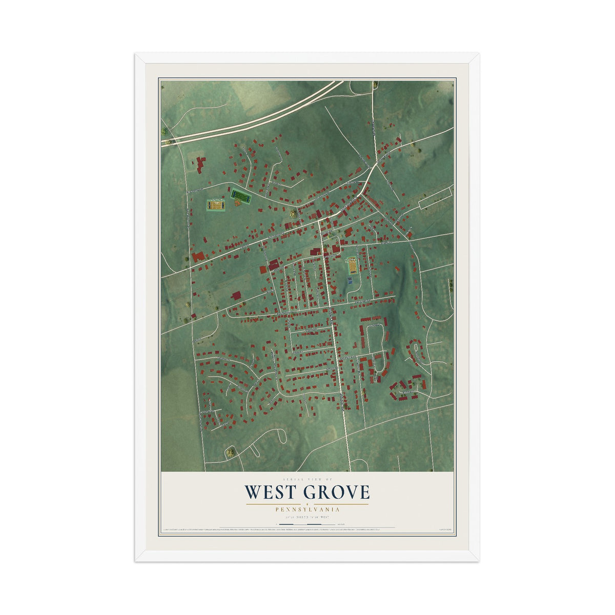Map of West Grove, Pennsylvania, 12 x 18 inch print in a white wood frame