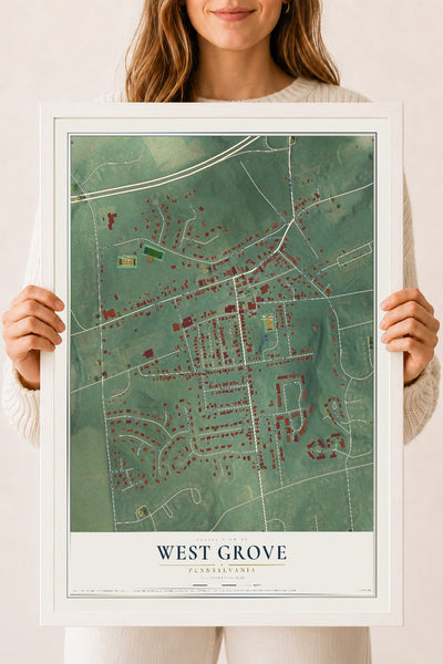 Map of West Grove, Pennsylvania, 18 x 24 inch print in a white wood frame