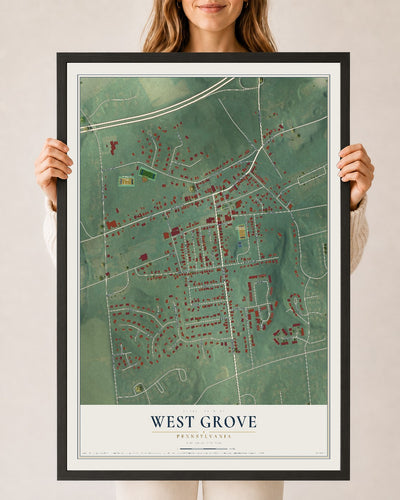 Map of West Grove, Pennsylvania, 24 x 36 inch print in a black wood frame