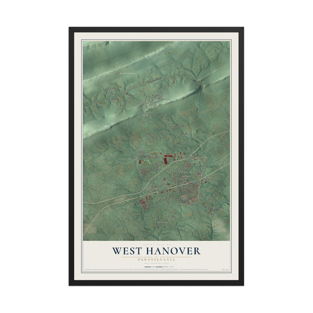 Map of West Hanover, Pennsylvania, 12 x 18 inch print in a black wood frame