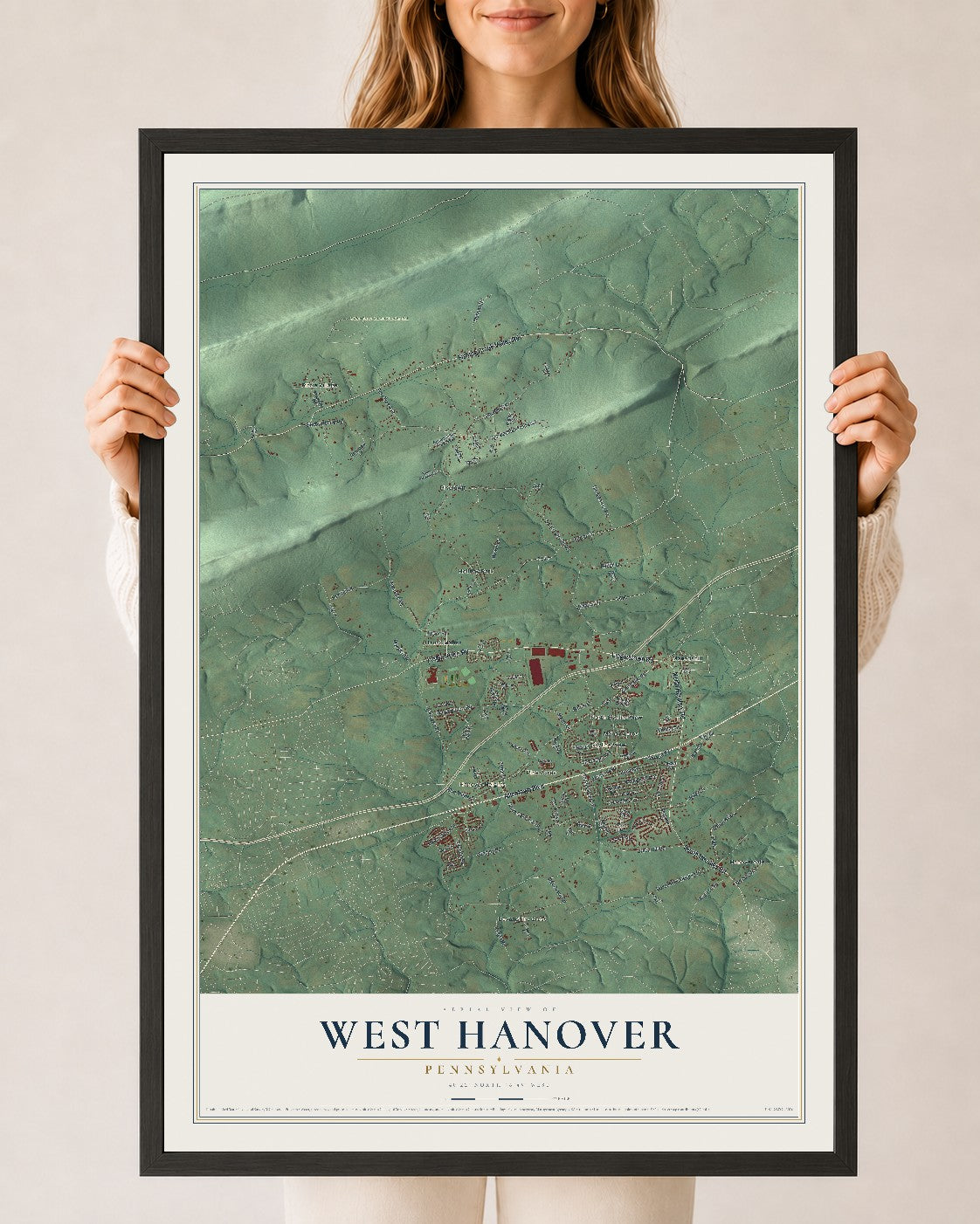 Map of West Hanover, Pennsylvania, 24 x 36 inch print in a black wood frame
