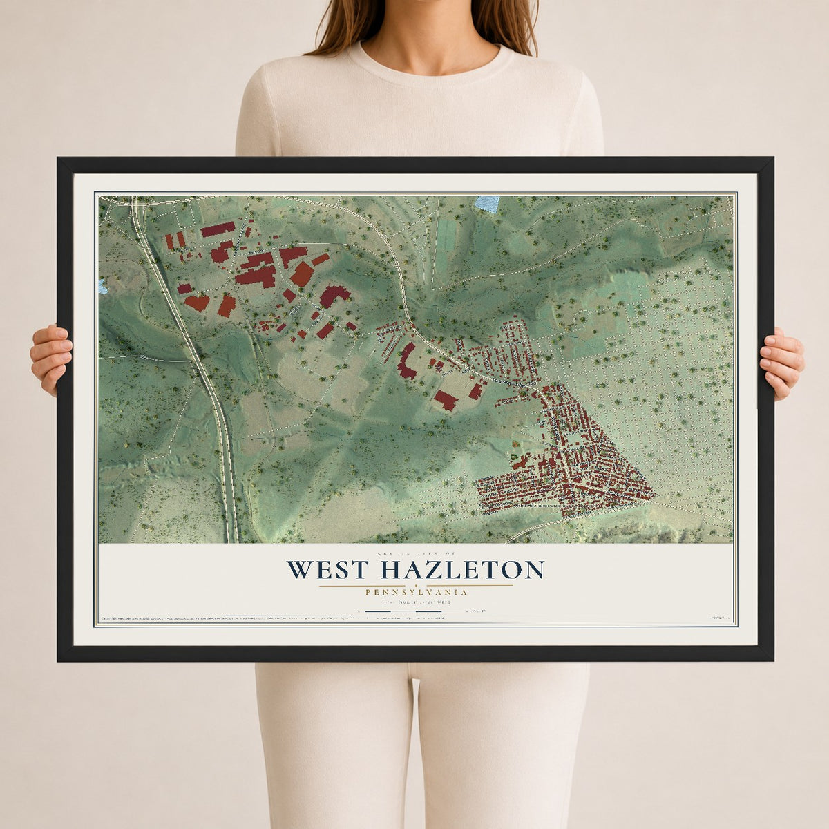 Map of West Hazleton, Pennsylvania, 24 x 36 inch print in a black wood frame