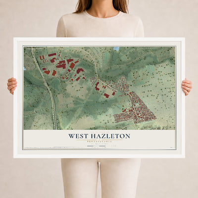 Map of West Hazleton, Pennsylvania, 24 x 36 inch print in a white wood frame
