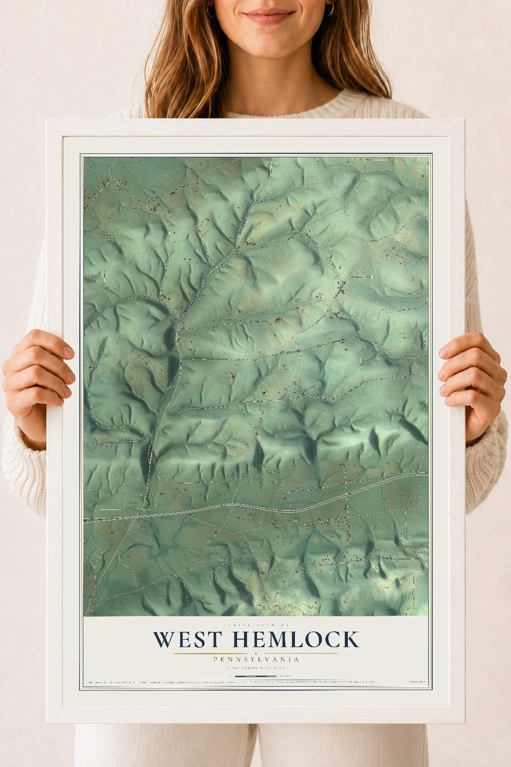 Map of West Hemlock, Pennsylvania, 18 x 24 inch print in a white wood frame