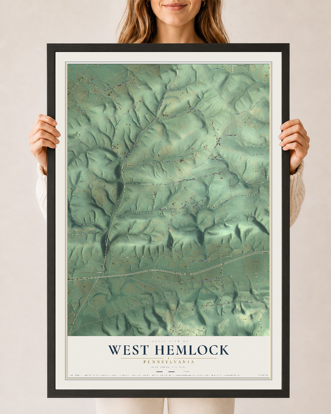 Map of West Hemlock, Pennsylvania, 24 x 36 inch print in a black wood frame
