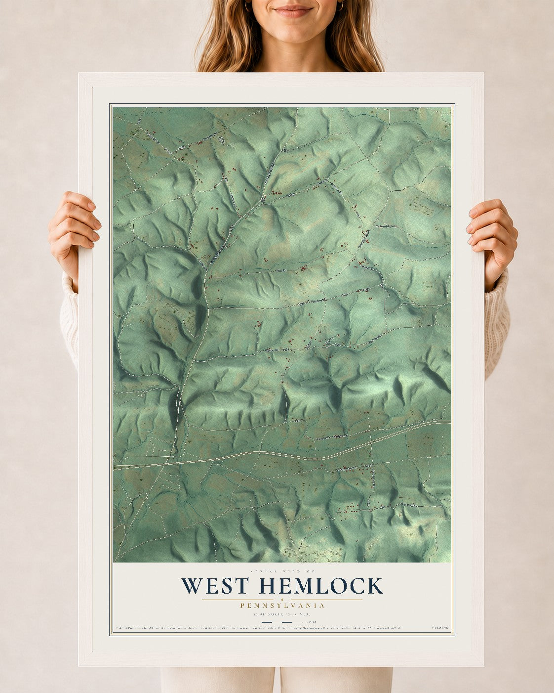 Map of West Hemlock, Pennsylvania, 24 x 36 inch print in a white wood frame