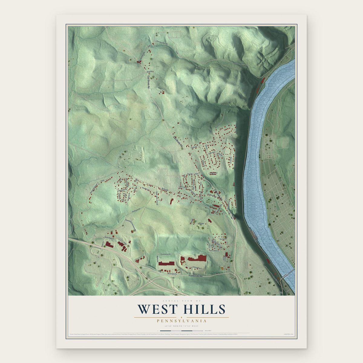 West Hills, Pennsylvania map print, the full design