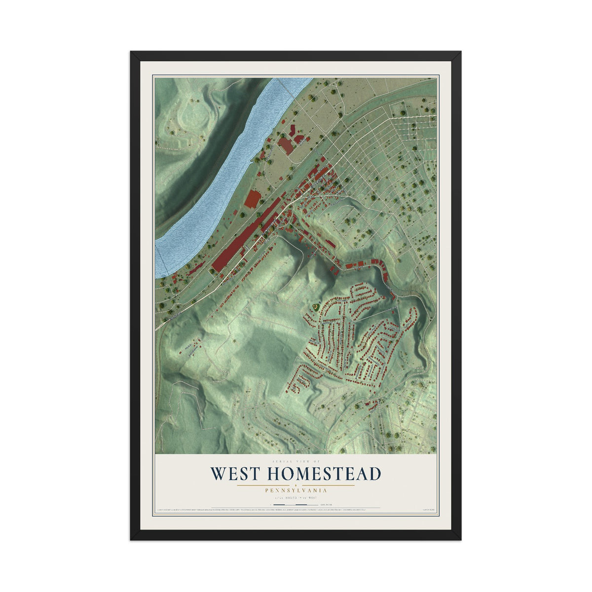 Map of West Homestead, Pennsylvania, 12 x 18 inch print in a black wood frame