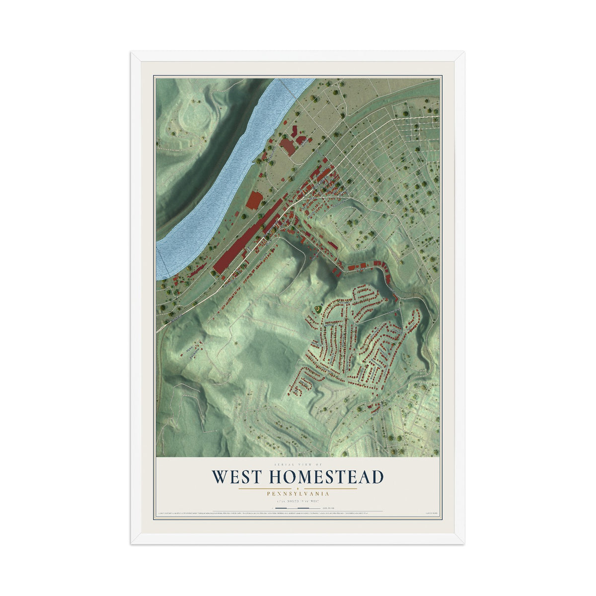 Map of West Homestead, Pennsylvania, 12 x 18 inch print in a white wood frame