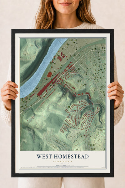 Map of West Homestead, Pennsylvania, 18 x 24 inch print in a black wood frame