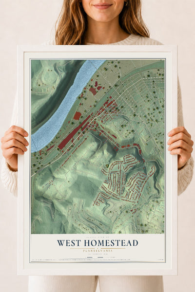 Map of West Homestead, Pennsylvania, 18 x 24 inch print in a white wood frame