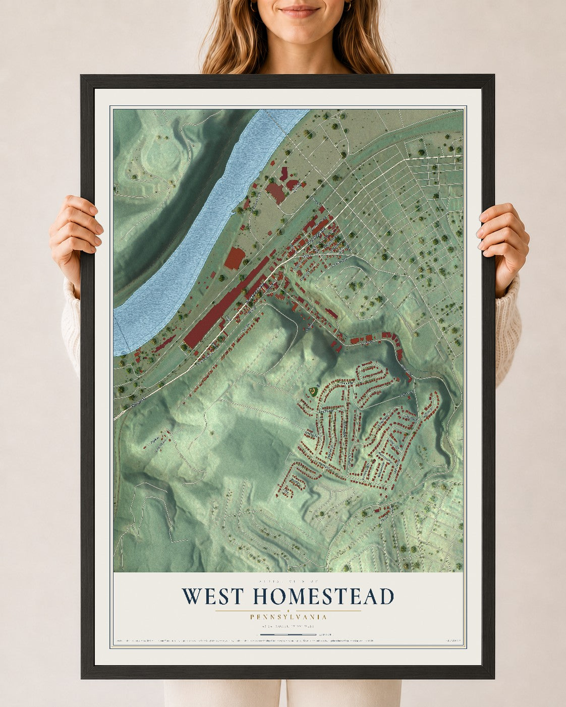 Map of West Homestead, Pennsylvania, 24 x 36 inch print in a black wood frame