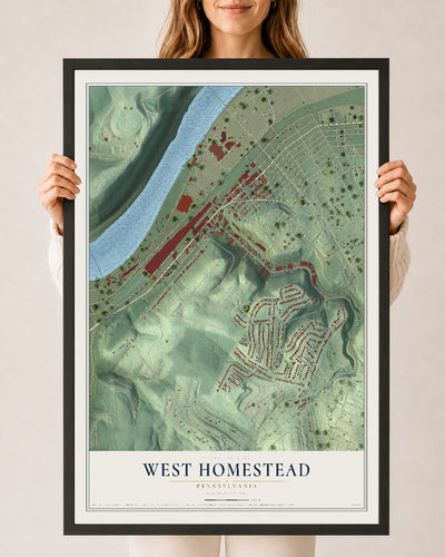 Map of West Homestead, Pennsylvania, 24 x 36 inch print in a black wood frame