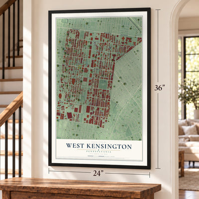 West Kensington, Pennsylvania map, 24 x 36 inch print in a black frame by a staircase
