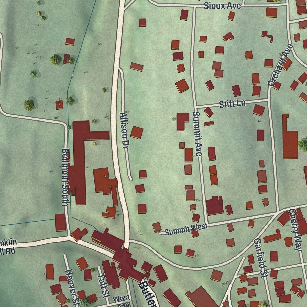 Second close-up of the map of West Kittanning, Pennsylvania print showing more streets and buildings