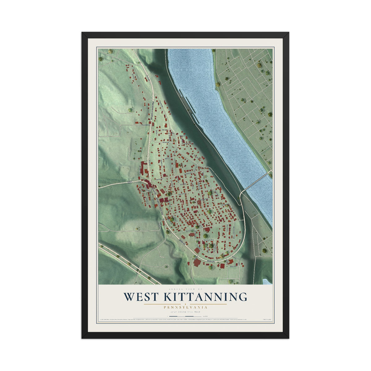 Map of West Kittanning, Pennsylvania, 12 x 18 inch print in a black wood frame
