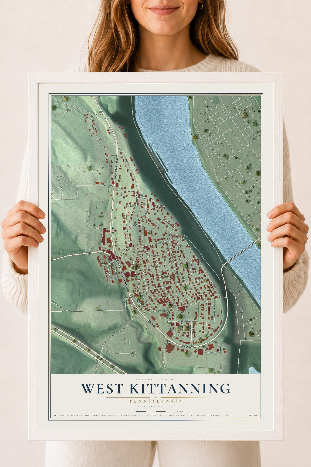 Map of West Kittanning, Pennsylvania, 18 x 24 inch print in a white wood frame