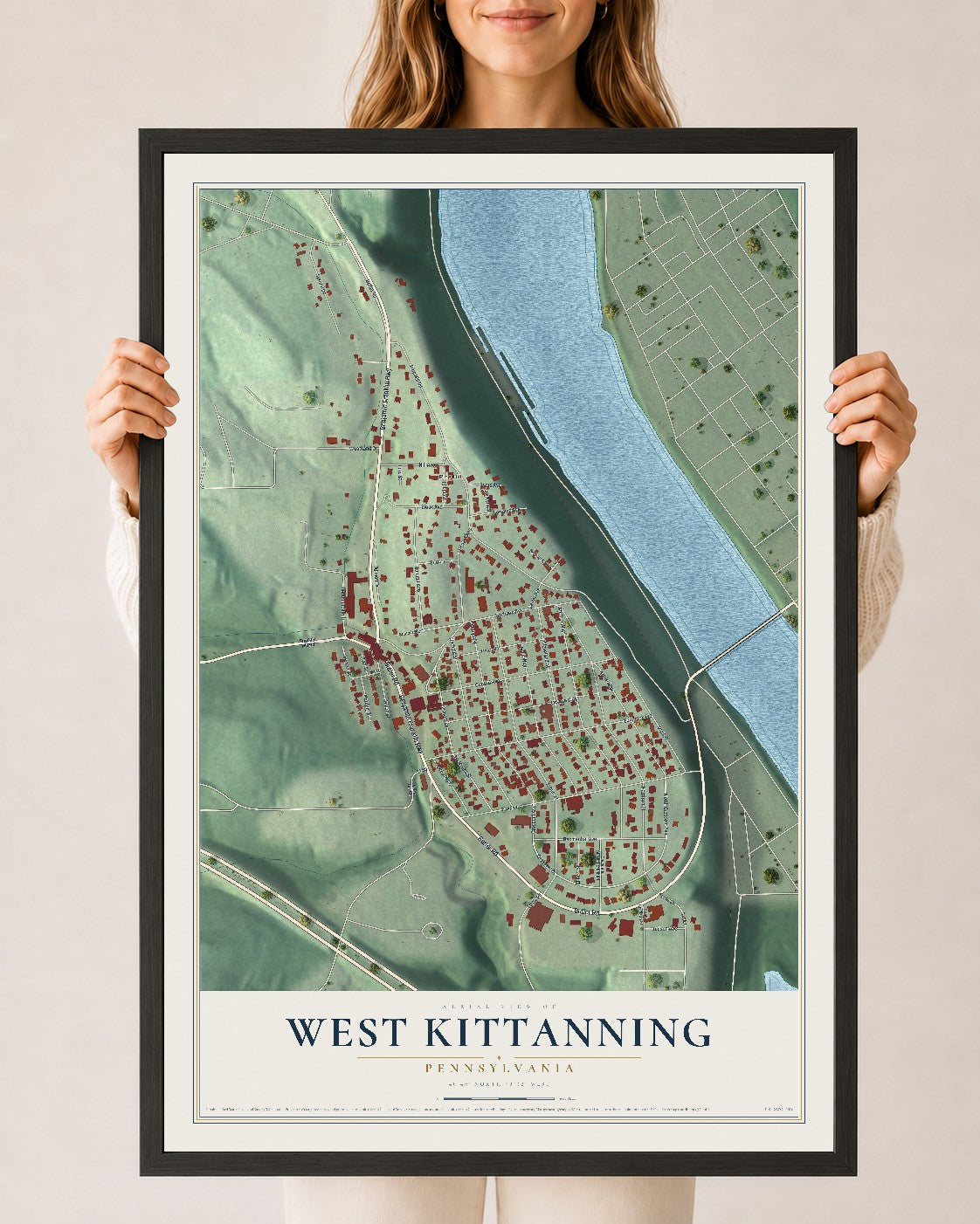 Map of West Kittanning, Pennsylvania, 24 x 36 inch print in a black wood frame