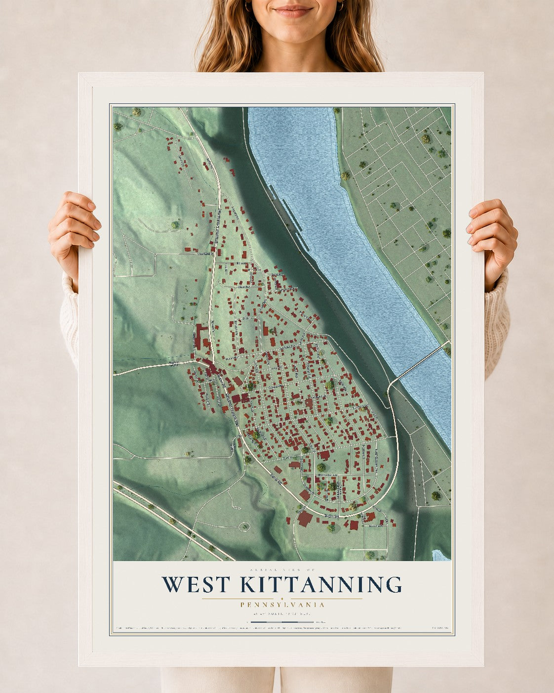 Map of West Kittanning, Pennsylvania, 24 x 36 inch print in a white wood frame