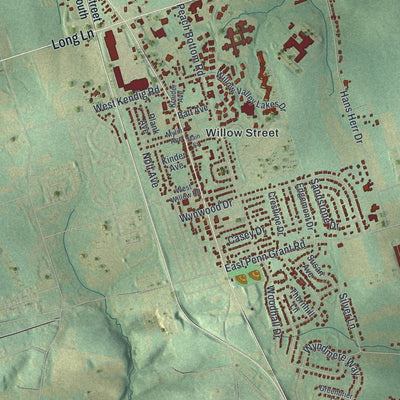 Close-up of the map of West Lampeter, Pennsylvania print showing street and building detail