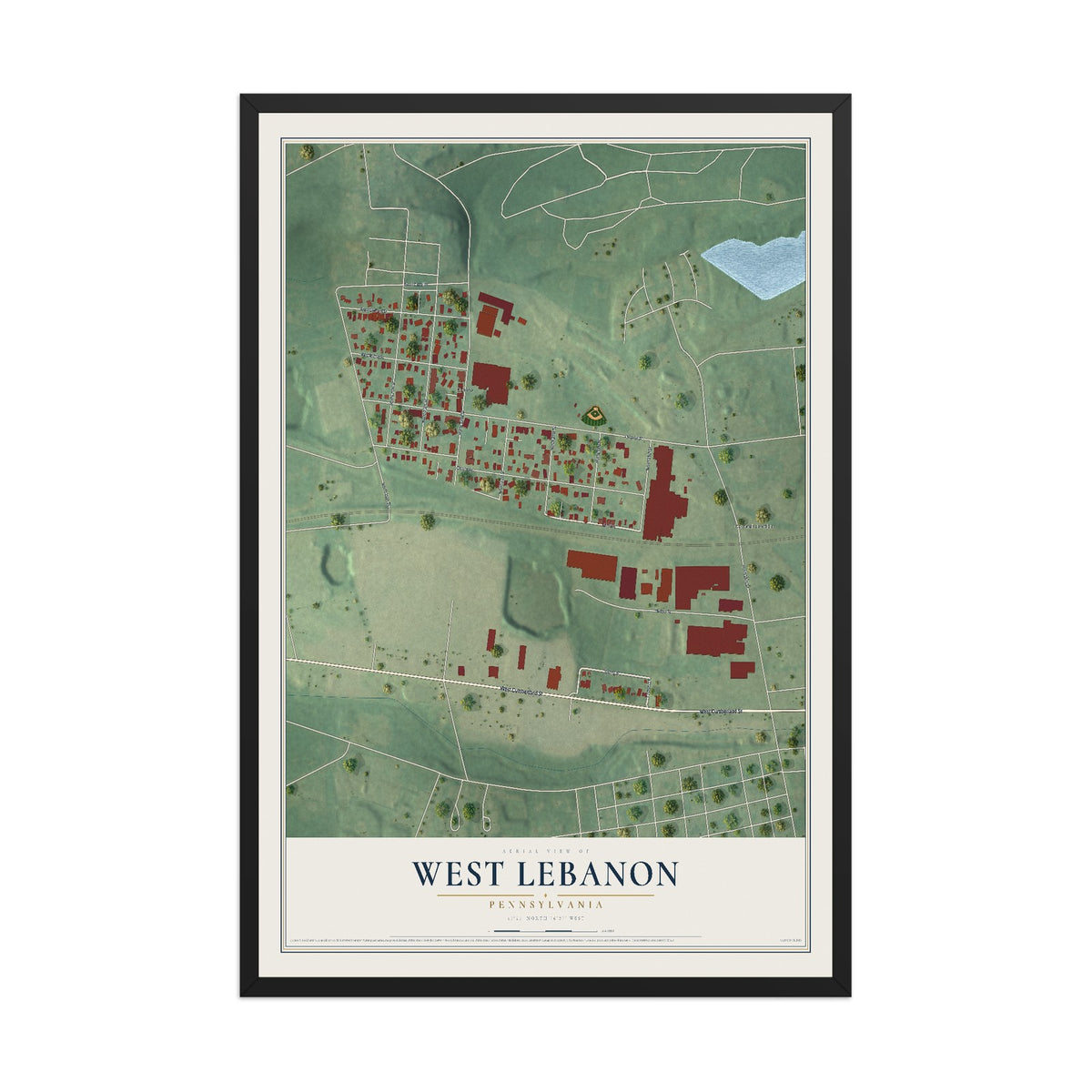 Map of West Lebanon, Pennsylvania, 12 x 18 inch print in a black wood frame