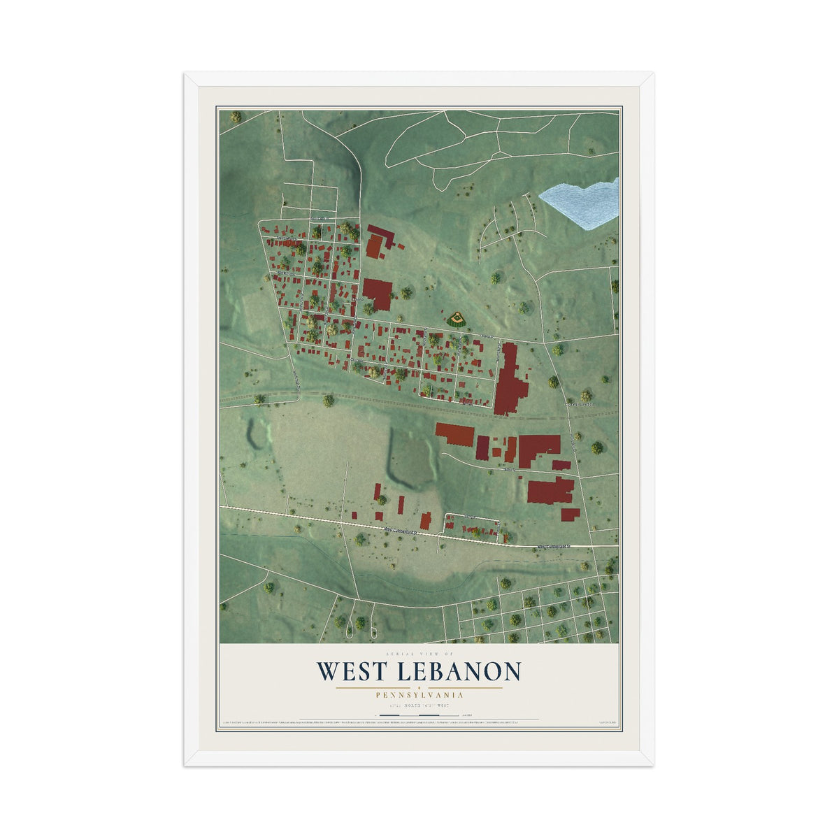 Map of West Lebanon, Pennsylvania, 12 x 18 inch print in a white wood frame