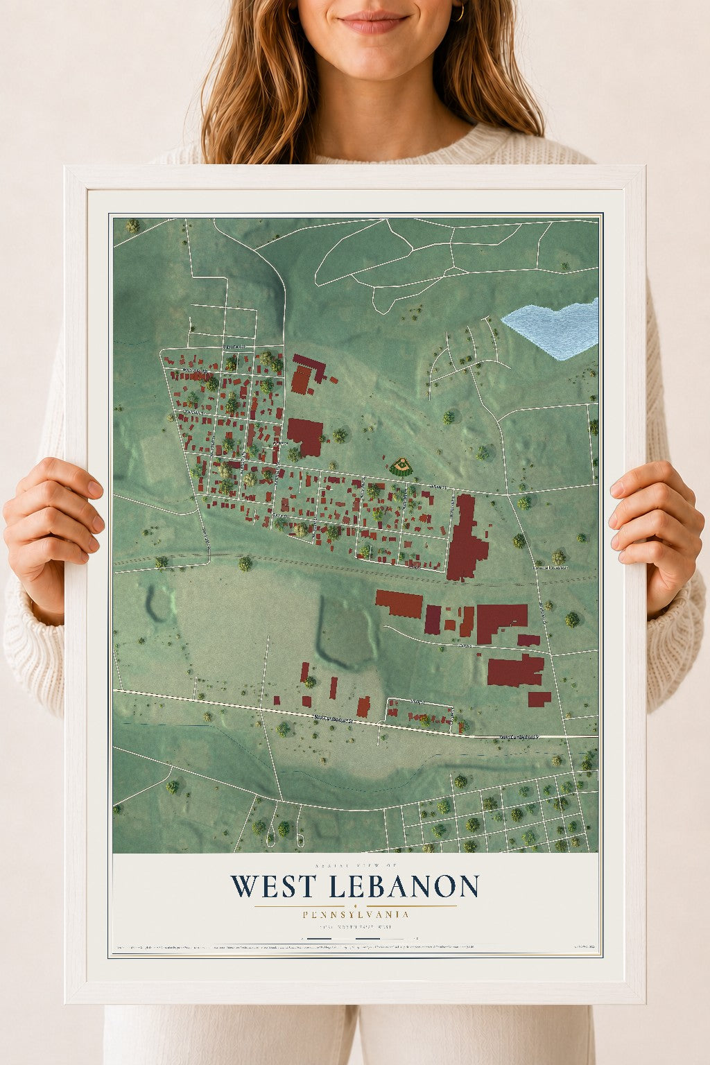 Map of West Lebanon, Pennsylvania, 18 x 24 inch print in a white wood frame