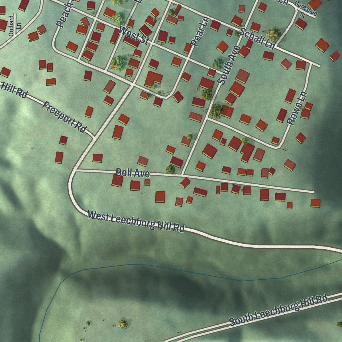 Second close-up of the map of West Leechburg, Pennsylvania print showing more streets and buildings