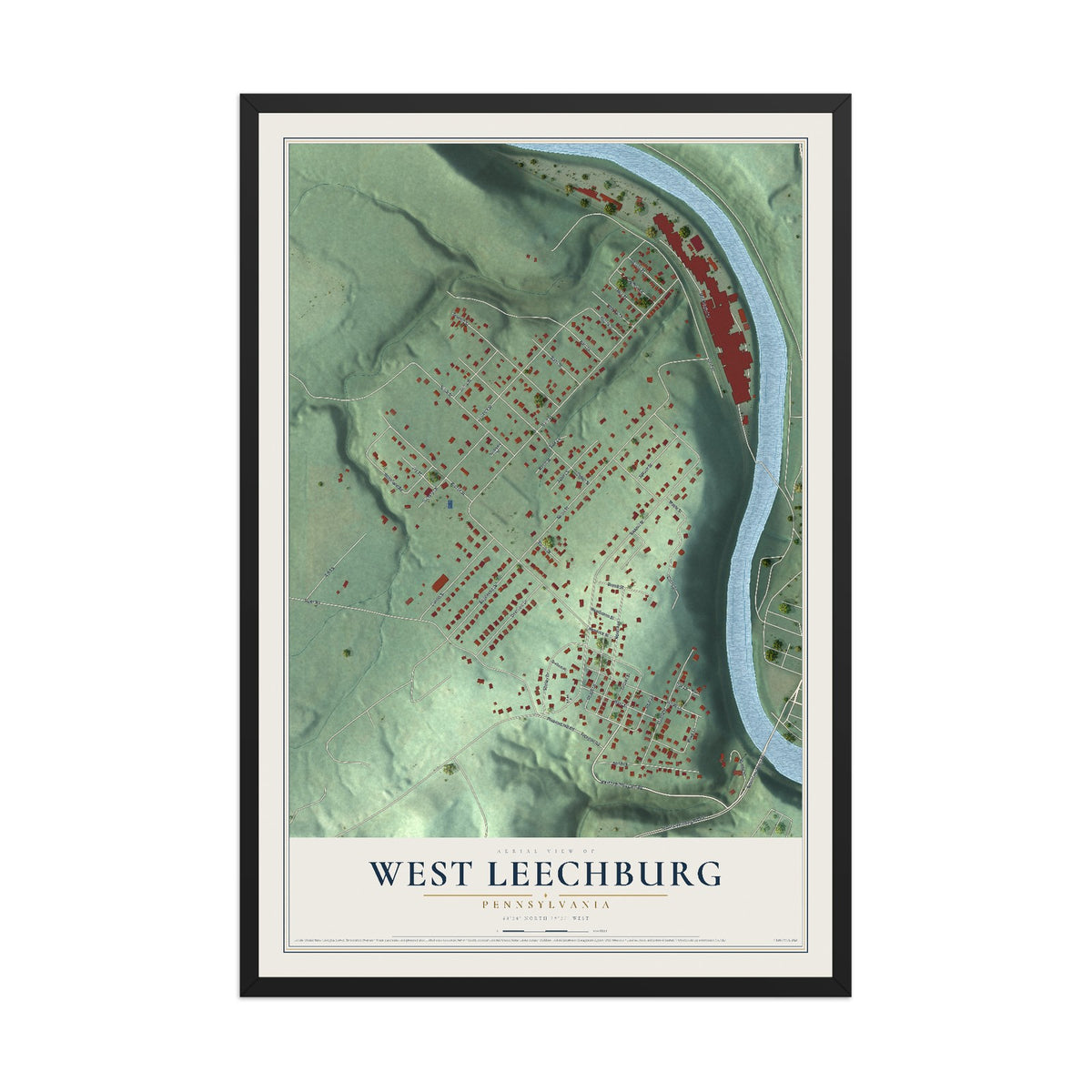 Map of West Leechburg, Pennsylvania, 12 x 18 inch print in a black wood frame