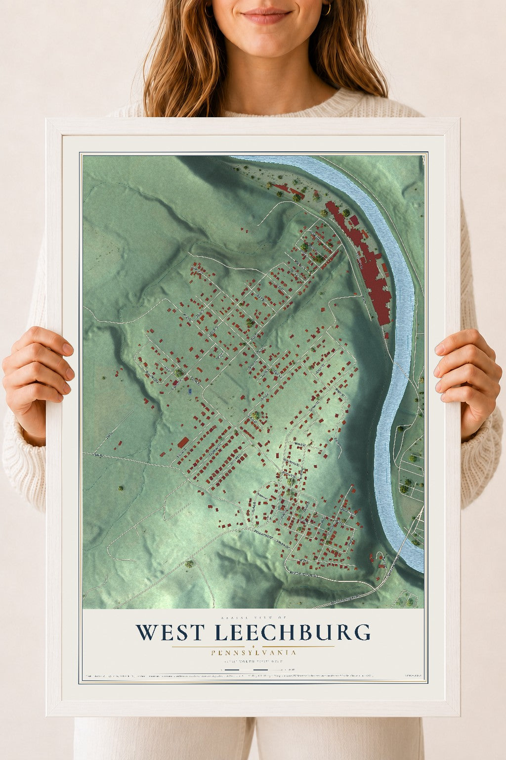Map of West Leechburg, Pennsylvania, 18 x 24 inch print in a white wood frame