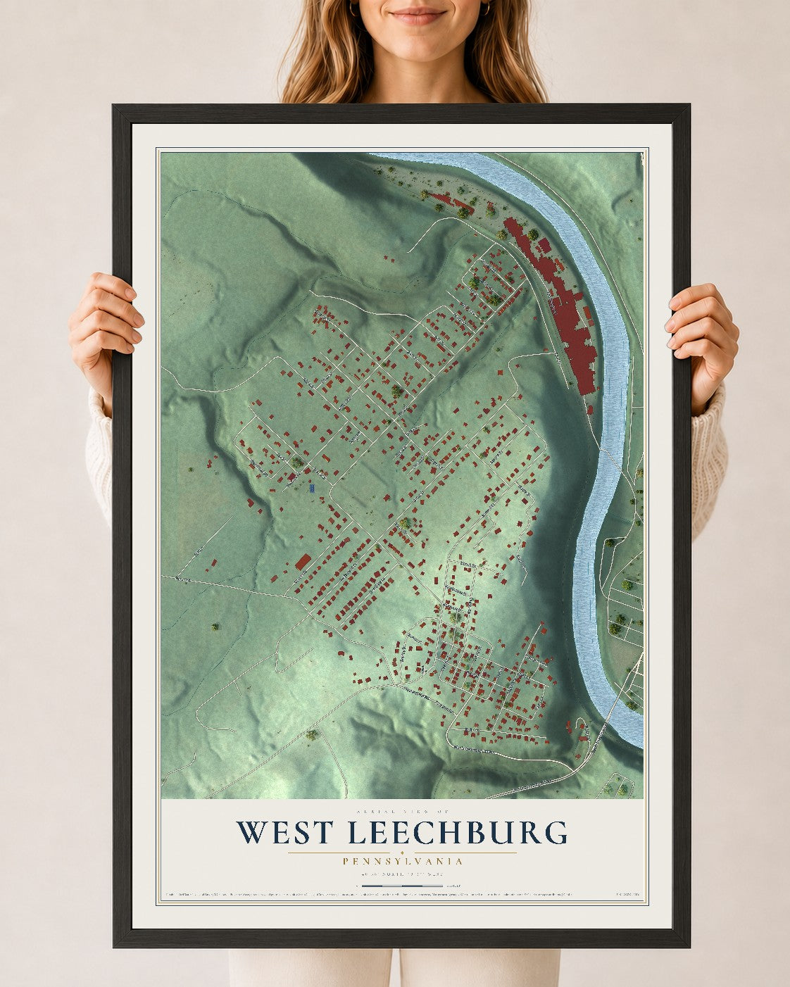 Map of West Leechburg, Pennsylvania, 24 x 36 inch print in a black wood frame