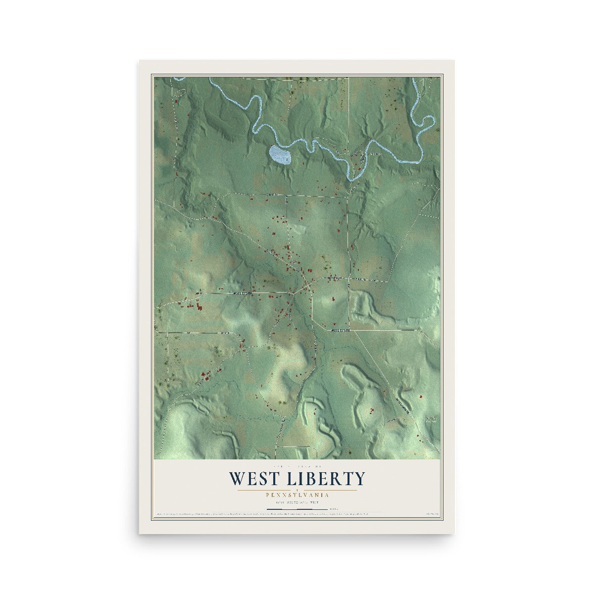 Map of West Liberty, Pennsylvania, 12 x 18 inch unframed archival matte print