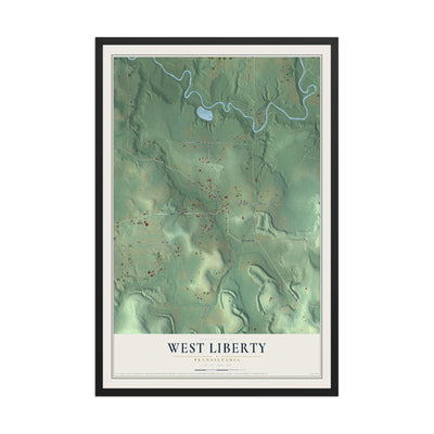 Map of West Liberty, Pennsylvania, 12 x 18 inch print in a black wood frame